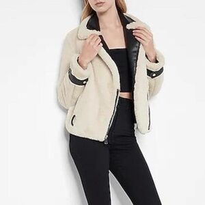 NWT Express Faux Fur & Leather Trim Moto Jacket, M